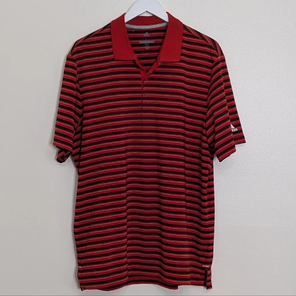 Adidas Golf Polo Men Large Red Black Striped Short Sleeve